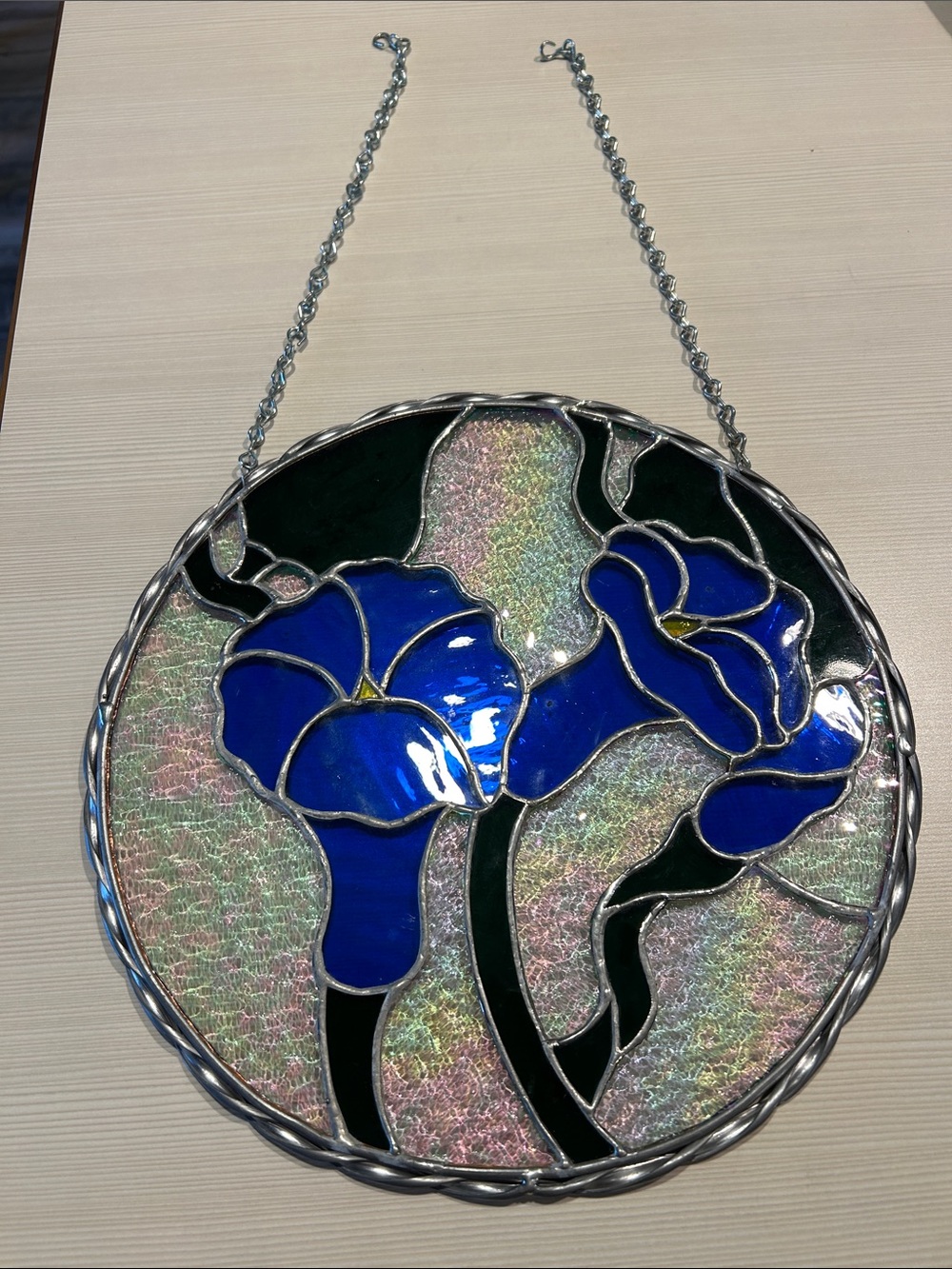 Hand Crafted Blue Iris Stained Glass Hanging